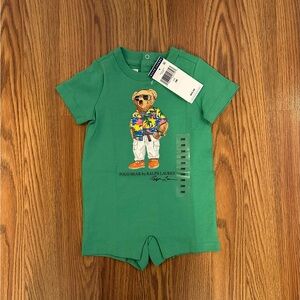 Ralph Lauren Polo Bear Striped Cotton Jersey Baby Romper Short-all,  Size 3M